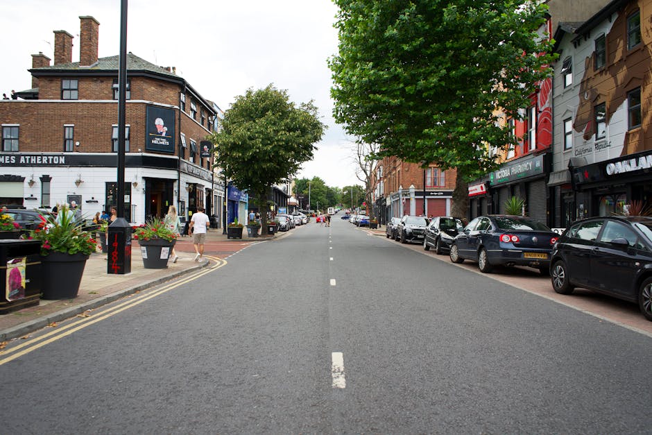 A view of a city street with a row of parked cars along the curb on the right side, and sidewalk planters filled with vibrant flowers and foliage on the left. The street is lined with trees that have
